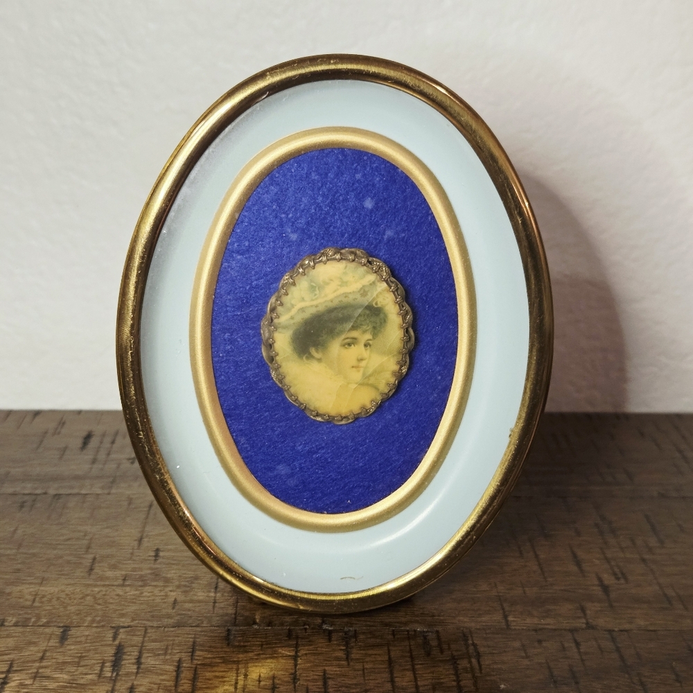 Antique Brass Portrait Brooch - C Clasp Victorian Lady in Hat Oval Photo Frame